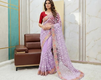 Designer bloemennet Saree in lavendel | Paarse feestkleding Indiase sari | Sari met bloemenborduursel | Etnische kleding voor vrouwen