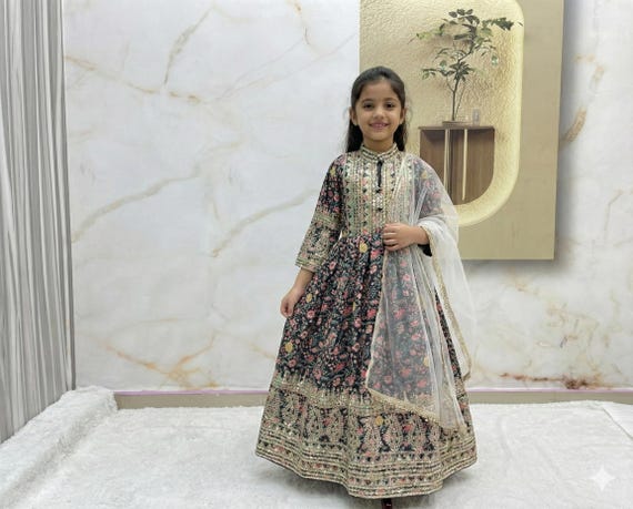 Floral Kids Gown for girls Sequins Embroidery Gown Indian Kids dress  Wedding Kids Anarkali Readymade Kids Dresses, Designer Suits For Kids