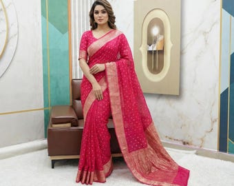 Traditionelle Rani Pink Silk Saree Gold Zari Borte Paisley Pallu Hochzeit Party Wear