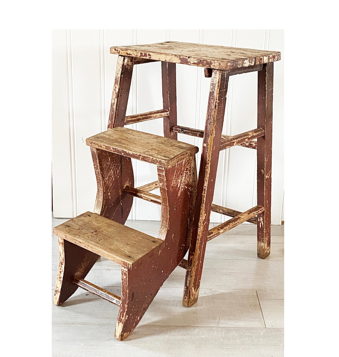 RARE Antique Wooden Fold Out Step Stool Distressed Chippy Paint Vintage ...