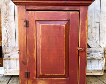 Vintage Primitive Red Painted Cabinet Farmhouse Wooden Cupboard