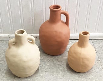 Earthenware Clay Pottery Vases, Vintage Terracotta Decor (Set of Three)
