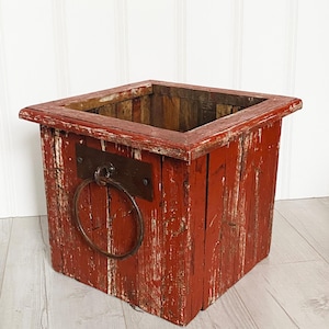 Rustic Red Barn Wood Planter Box, Metal Handles, Outdoor Garden Decor