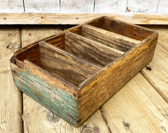 Vintage Wooden Compartment Box, Rustic Distressed Paint Decor