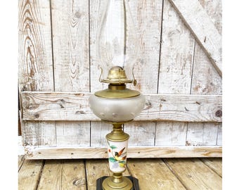 Antique Victorian Hand Painted Oil Lamp with Brass Accents