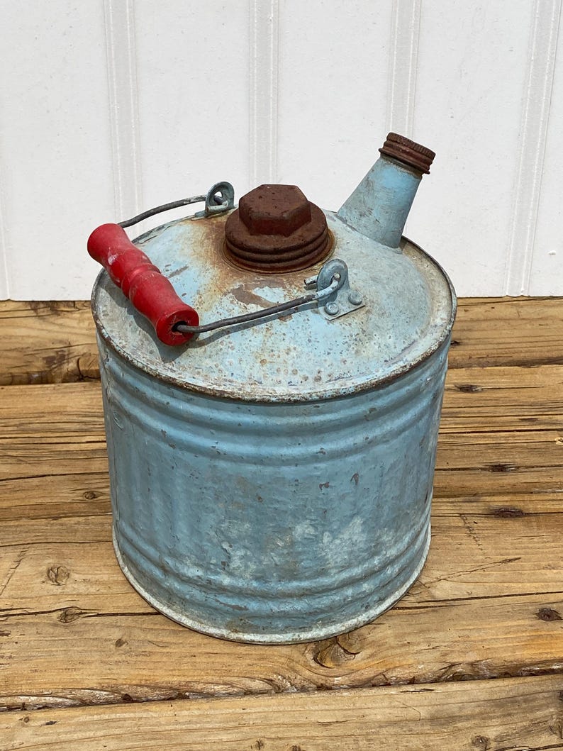 Antique Galvanized Metal Gas Can with Red Handle Vintage Oil Can Home Garden Decor Light Blue Kerosene Can image 1