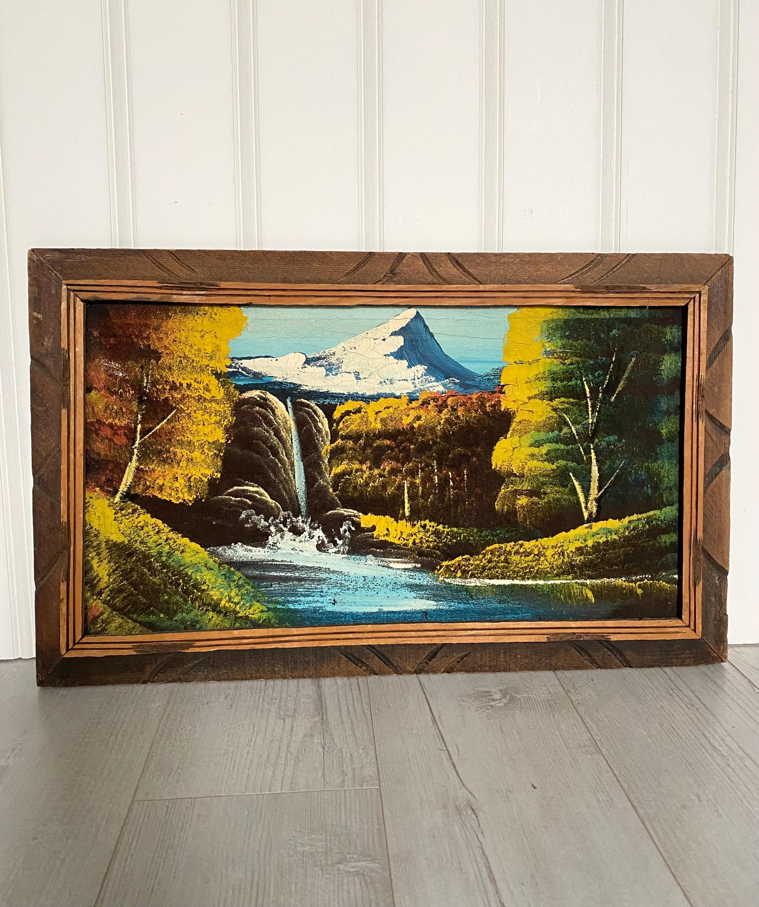 Vintage 1970's Velvet Oil Painting, Mid Century Mountain Waterfall