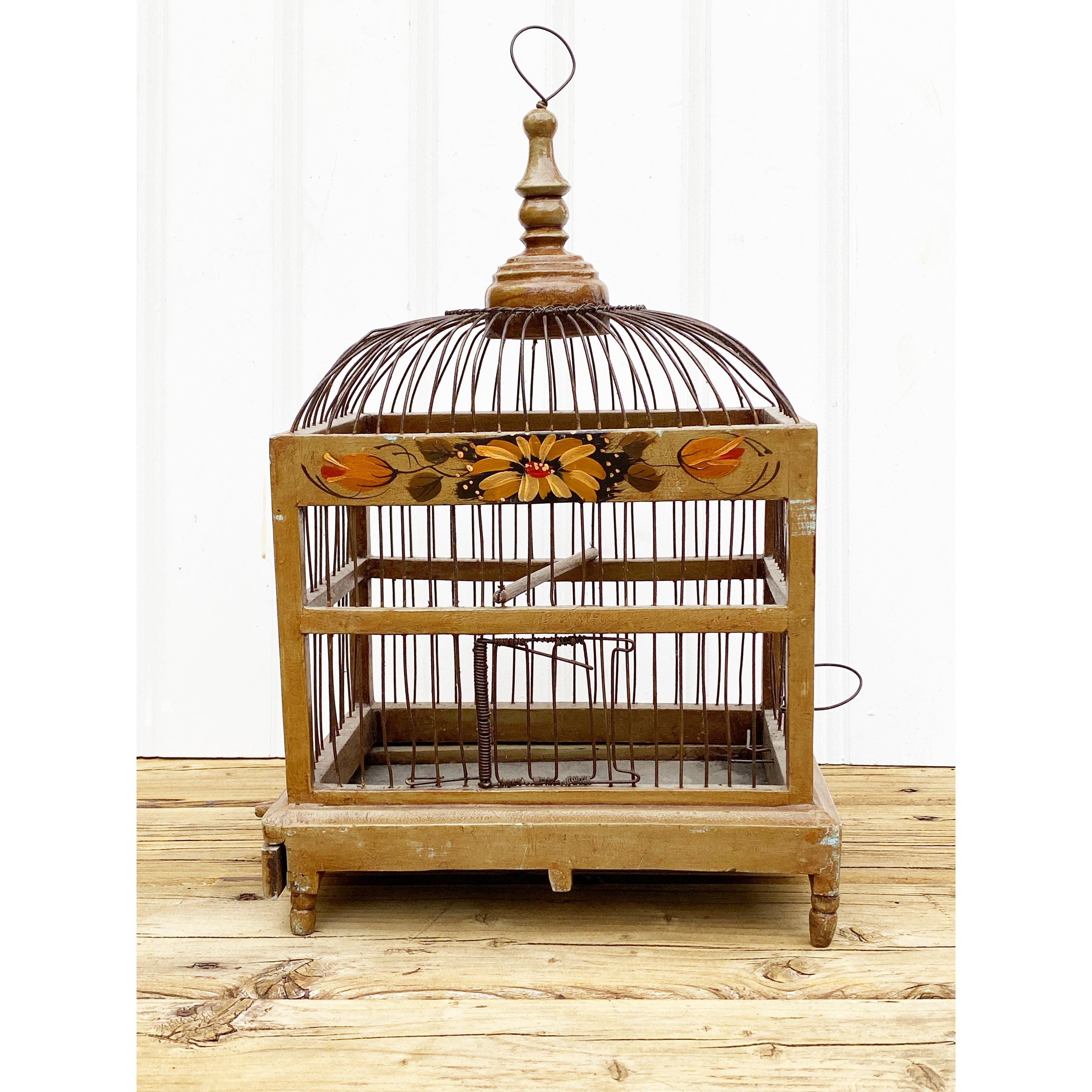 RARE Antique Birdcage Handpainted Wood and Metal Decorative Bird Cage