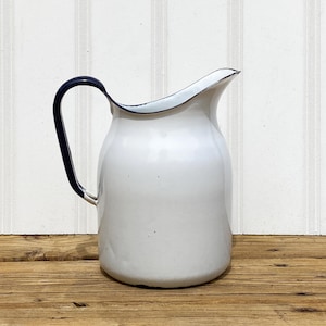 Vintage Enamel Pitcher White with Blue Handle Metal Water Jug Mid Century Enamelware