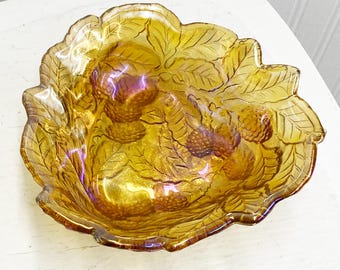 Vintage Amber Yellow Carnival Glass Dish with Leaf Pattern Iridescent Indiana Glass