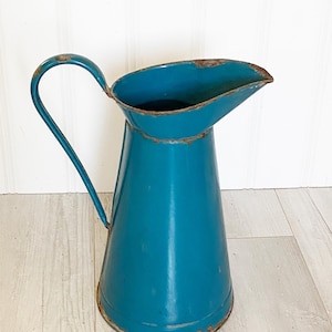 Large Vintage French Blue Enamel Pitcher Enamelware Metal Pitcher for Flowers Garden Decor