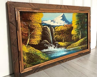 Vintage 1970's Velvet Oil Painting, Mid Century Mountain Waterfall