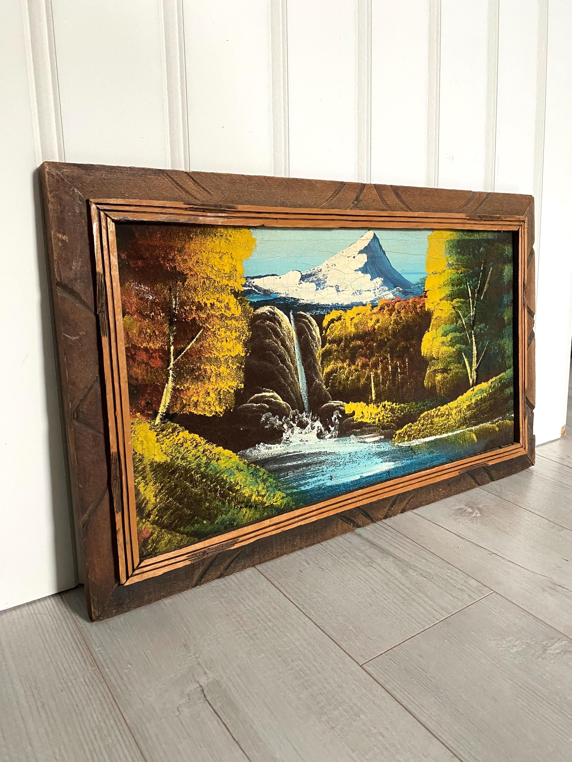 Vintage 1970's Velvet Oil Painting, Mid Century Mountain Waterfall