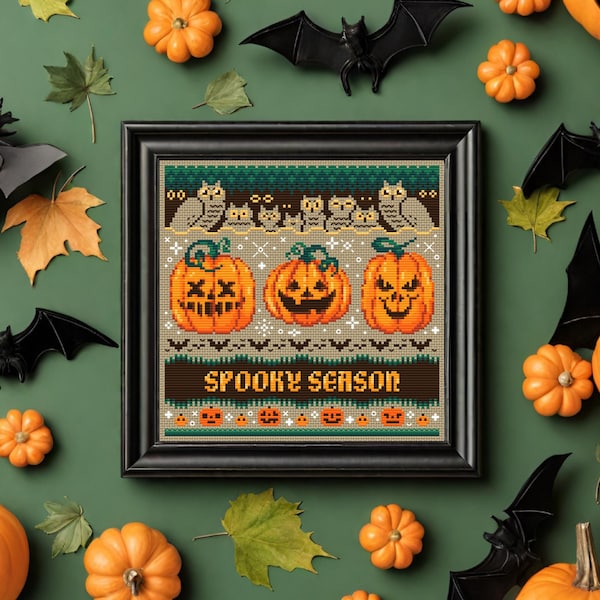 Spooky Season, Cross Stitch Pattern PDF, Halloween, Spooky, Cute, Creepy, Pumpkins, Ghost, Bats, Fall, Autumn
