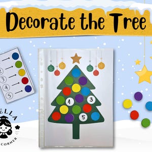 May include: A printable Christmas tree activity for kids. Decorate the tree by matching the colored circles to the numbers on the tree. The activity includes a color key with five different colors.