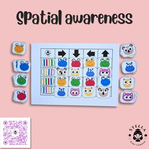 May include: A pink background with the words "spatial awareness" in black. A white sheet with a grid of cartoon animal faces and directional arrows. Several animal face cards are scattered around the sheet. A QR code and logo are in the corners.