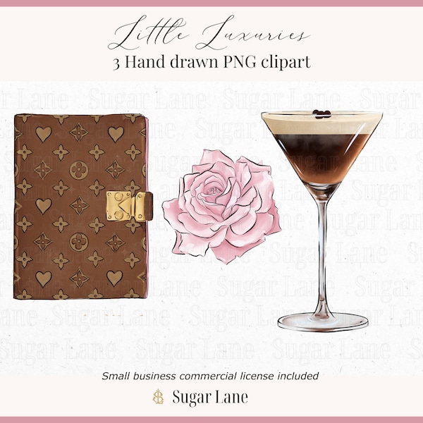 Hand drawn Little luxuries clipart illustrations | Espresso Martini, Planner stickers, Watercolor Rose | Commercial use
