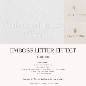 May include: Embossed Letter Effect Photoshop action for creating raised lettering. Includes 2 paper textures, 3 foil emboss effects (gold, silver, rose), and a plain ink emboss effect. Commercial license included for end products.