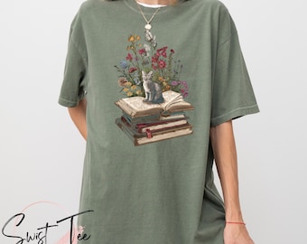 Floral Cat Shirt, Cat Lover T-shirt, Cat Book Shirt, Cat Lover Gift, Gift for Her, Cat Mom Shirt Gift, Cute Cat Shirts, Cute Book Cat Tshirt