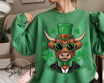 Highland Cow St Patricks Day Sweatshirt, Irish Clover Hoodie
