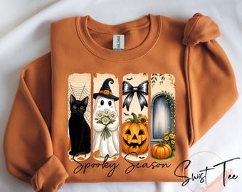 Moletom com estampa de gatos pretos fantasmas, moletom com estampa de gatos pretos para o Halloween, camisetas com estampa de temporada assustadora, moletom com estampa de gatos fantasmas engraçados, presentes fofos de roupas de abóbora