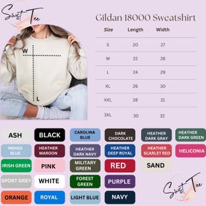 The image is a collage of various colored sweatshirts, each with a different size and color, along with a size chart and a list of color options.