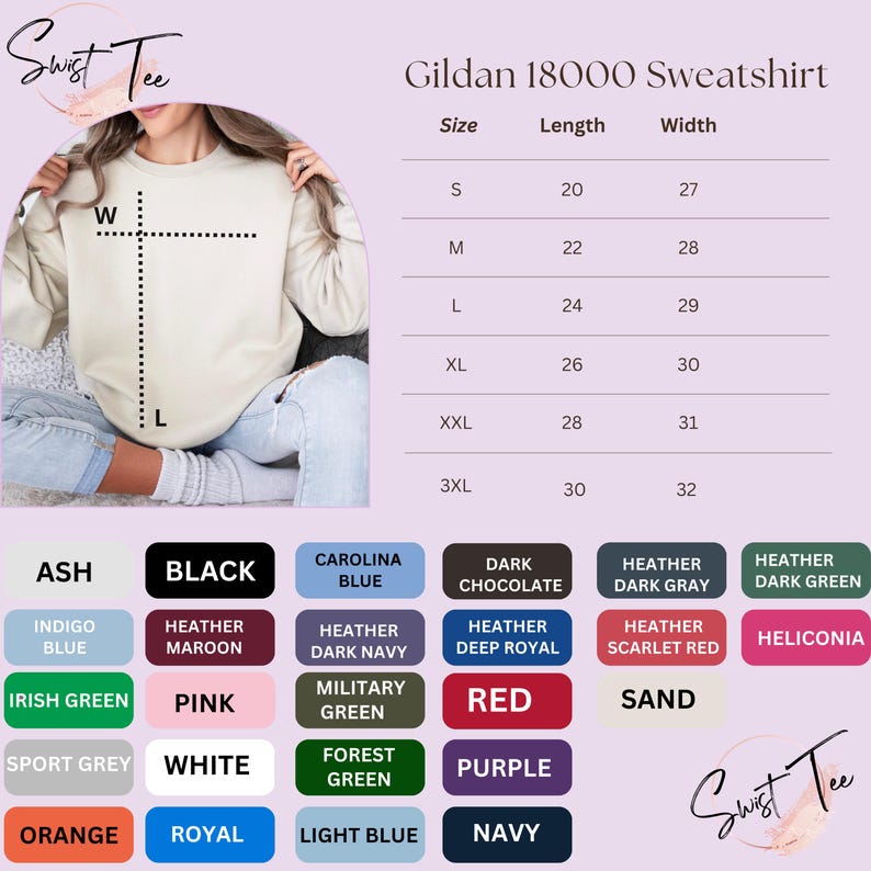 The image is a collage of various colored sweatshirts, each with a different size and color, along with a size chart and a list of color options.