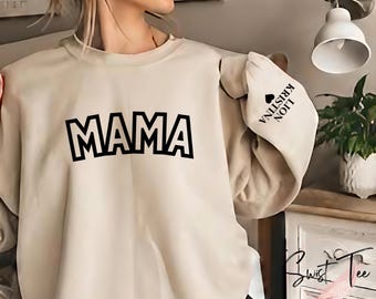 Personalized Mama Sweatshirt with Kid Names on Sleeve, Mothers Day Gift, Birthday Gift for Mom, New Mom Gift, Minimalist Cool Mom Sweater