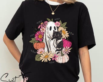 Ghost Cat Floral Halloween Shirt, Cute Black Cat Spooky Season Tee, Pastel Goth Halloween Shirt, Aesthetic Ghost Cat T-Shirt, Fall Shirt