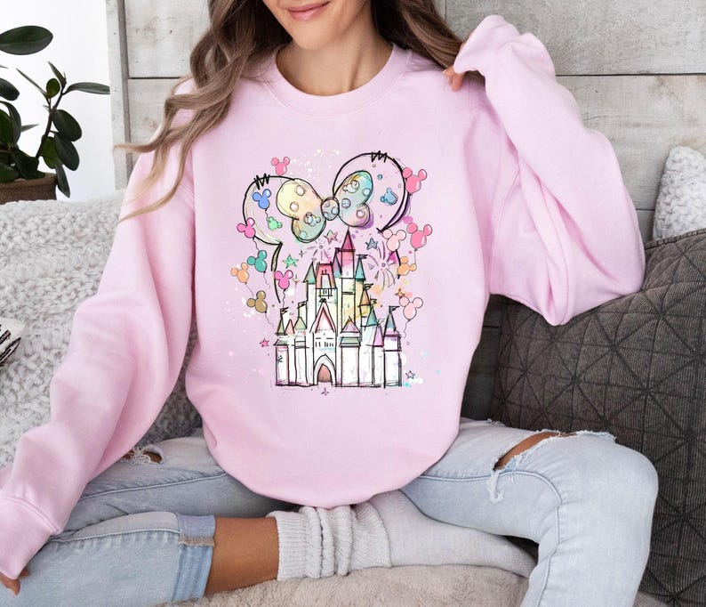 Disney Minnie Castle Sweatshirt, Magical Castle Sweater, Disney Watercolor Castle Hoodie, Disneyland Sweatshirt, Minnie Ears Hoodie image 1