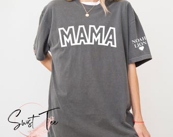 Aangepast mama-shirt met kindernaam op mouw, gepersonaliseerd mama-t-shirt, shirt zwangerschap onthullen, moeder als cadeau voor moeder, jongen meisje, mama, Est