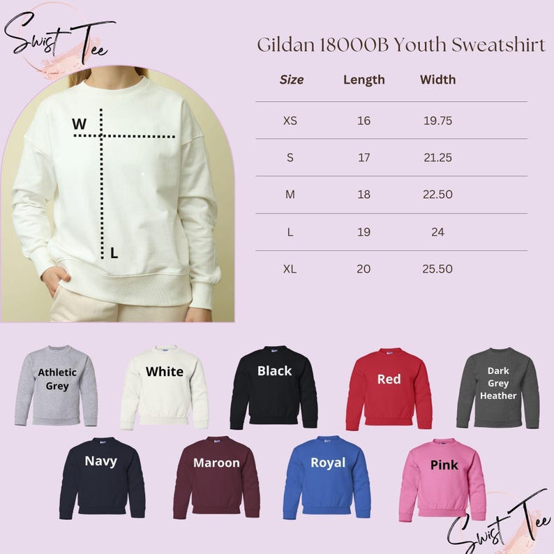 The image is a collage of various youth sweatshirts, each with different colors and sizes, along with a size chart for the Gildan 1800OB youth sweatshirt.