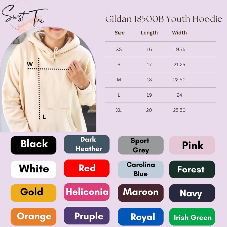 The image is a collage of various colored hoodies, each with a different size listed below it.