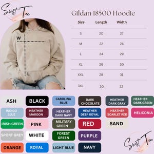 The image is a collage of various images, including a person wearing a hoodie, a size chart, and color swatches for different styles of hoodies.