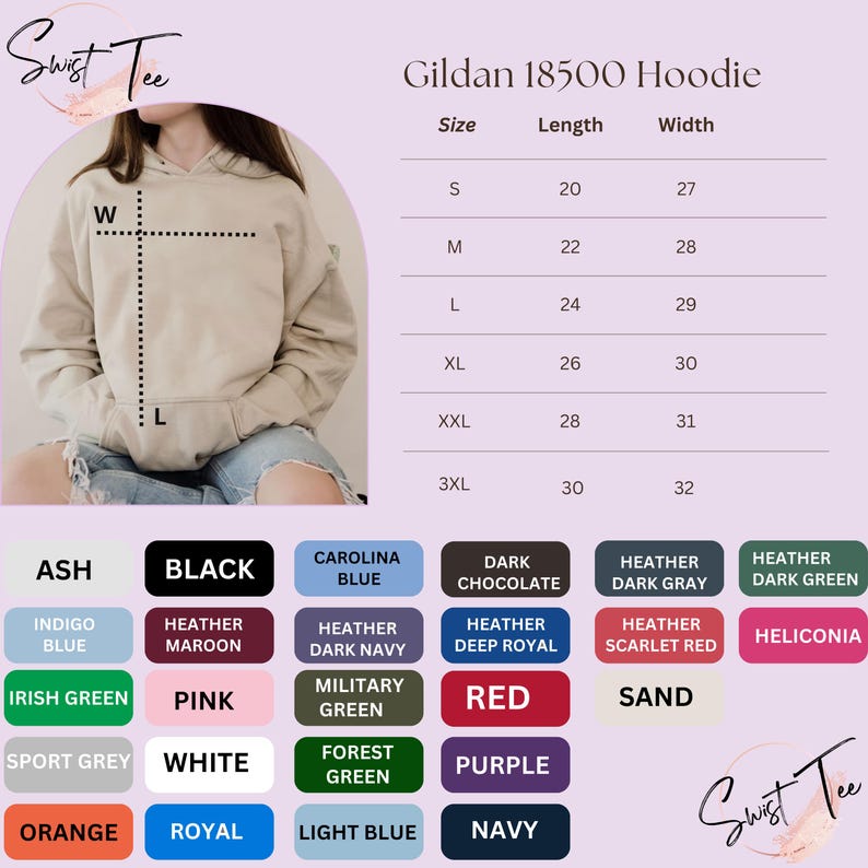 The image is a collage of various images, including a person wearing a hoodie, a size chart, and color swatches for different styles of hoodies.