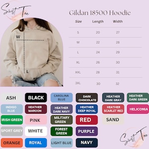 The image is a collage of various images, including a person wearing a hoodie, a size chart, and color swatches for different styles of hoodies.
