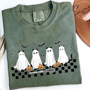 Halloween Black Cat & Ghost Comfort Colors Shirt, Halloween Ghost Tshirt, Spooky Season Cat Tee, Halloween Cute Women Outfit, Halloween Gift