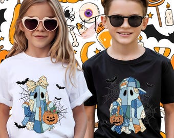 Spooky Ghost Halloween Comfort Colors Shirt, Girl And boy Ghost Tee, Spooky Season T-Shirt, Ghost Aesthetic Tee Patchwork Shirt