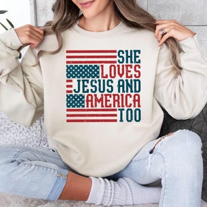 Retro USA Sweatshirt, She Loves Jesus And America Too, Womens USA Crewneck Sweatshirt, USA Shirt, America Sweatshirt, 4th of July Sweatshirt