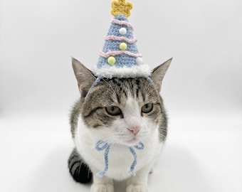 Crochet Christmas Tree Cat Hat with Star | Holiday Cat Costume | Cute Festive Blue Pet Hat for Photos, Kittens, Pets | Handmade Gift for Cat
