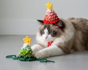 Chapeau de chat fait main au crochet avec fil doré | Déguisement dégradé à volants pour animal de compagnie | Élégant accessoire photo de chapeau de chat de vacances | Cadeau pour chat