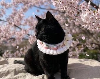 Crochet Cat Collar with Strawberry Detail | Slim Ruffle Pet Collar Cream Blush | Handmade Dainty Kitten Outfit | Cute Cat Costume Photo Prop