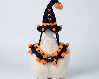 Halloween Cat Costume Set | Crochet Witch Cat Hat & Collar | Adjustable Black Cat Hat Collar Bib | Pet Photo Prop | Fun Cat Clothes
