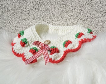 Cute Strawberry Soft Ribbon Kitten Collar Crochet Pet Costume Cat Clothes Outfit Dog Clothing Fashion Wear Handmade Accessories Neckwear Bib