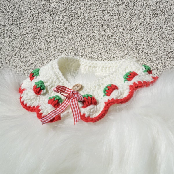 Cute Strawberry Soft Ribbon Kitten Collar Crochet Pet Costume Cat Clothes Outfit Dog Clothing Fashion Wear Handmade Accessories Neckwear Bib