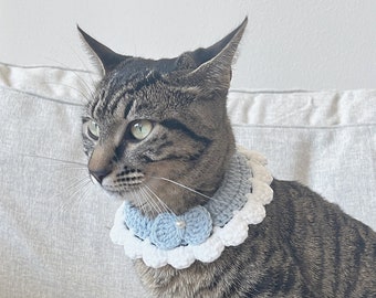 Adjustable Cute Soft Crochet Blue Kitten Collar with Bow Dog Costume Cat Clothes Cat Outfit Clothing Handmade Accessory Neckwear Ribbon Bib