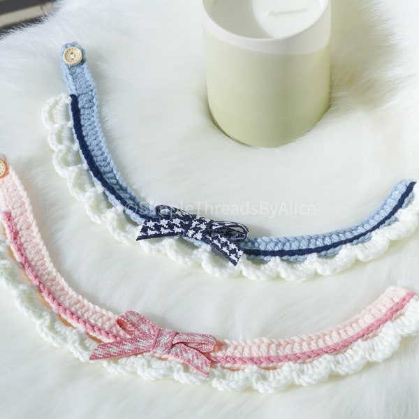 Adjustable Cute Crochet Soft Ribbon Kitten Collar Pet Costume Cat Clothes Dog Outfit Fashion Wear Handmade Accessory Blue Neckwear Pink Bib