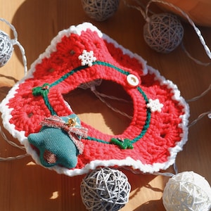 Cute Christmas Crochet Cat Collar Clothes for Cats Pet Costume Cat Outfit Fashion Wear Handmade Cat Accessory Red Bell Neckwear Green Bib image 1