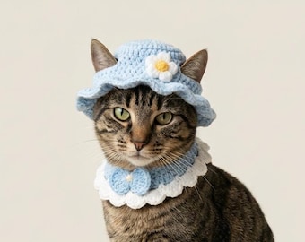 Cute Blue Crochet Bucket Hat for Cat Clothes Kawaii Cat Costume Knitted Accessories Funny Puppy Outfit Lovely Gift for Pet Flower Kitten Hat