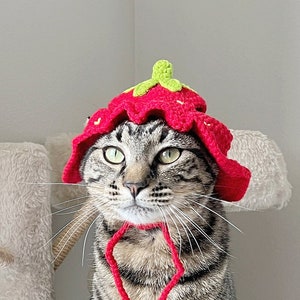 Cute Red Strawberry Crochet Bucket Hat for Cat Clothes Kawaii Cat Costume Knitted Accessories Funny Kitten Outfit Lovely Gift for Cat Lover